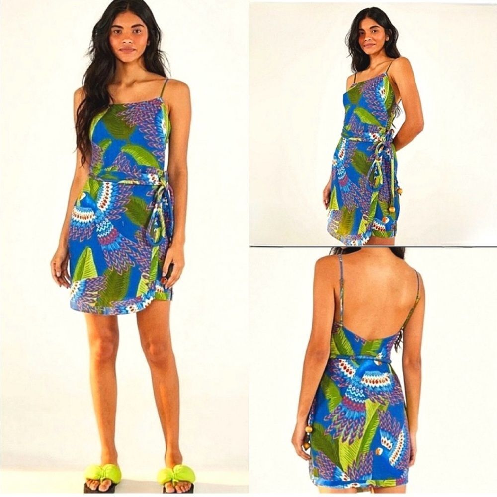 NWT - Farm Rio Blue Macaw Wrap Mini Dress - 100% Linen - Size XS